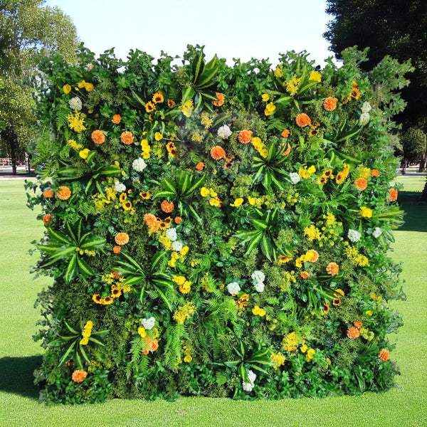 Tropical Oasis floral wall backdrop with vibrant green foliage and colorful flowers.
