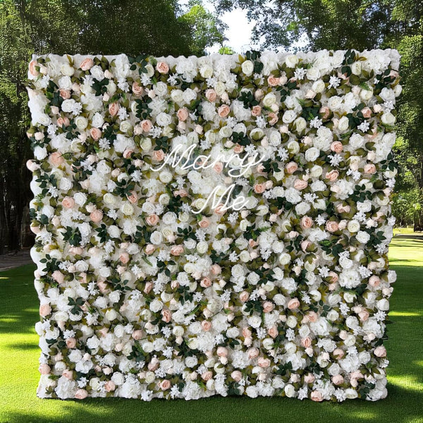 White and green floral wall backdrop with roses for weddings.
