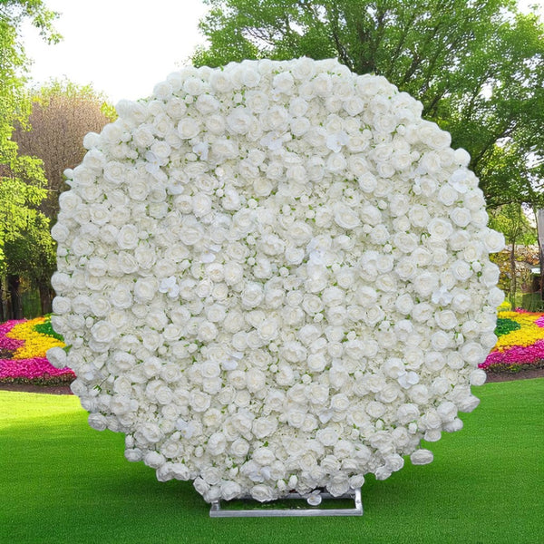 Elegant round white rose floral wall backdrop for weddings.
