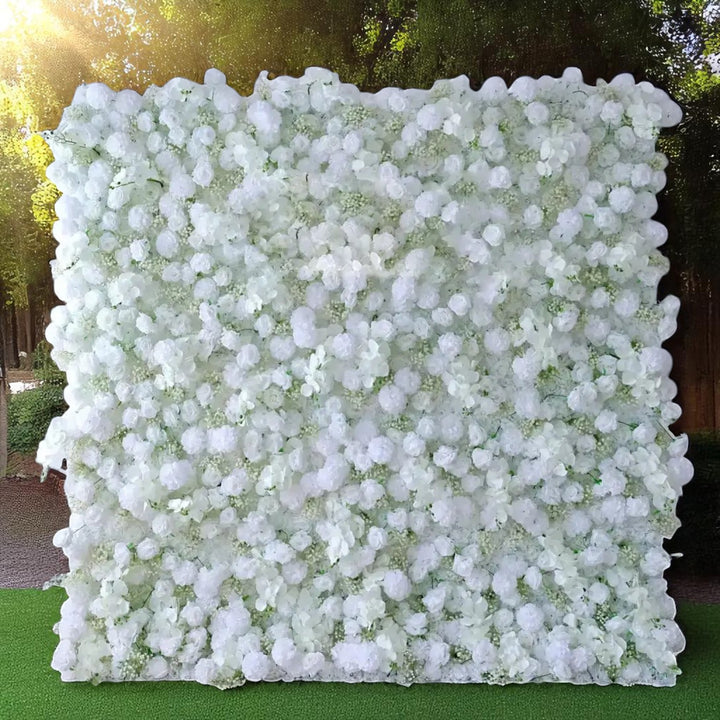 Elegant white flower wall backdrop perfect for weddings and upscale 