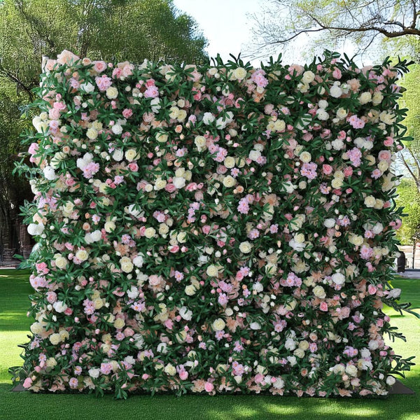Vibrant spring garden floral wall backdrop with greenery and blooms.
