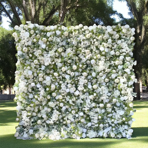 Close-up of white blossom flower wall with diverse textures