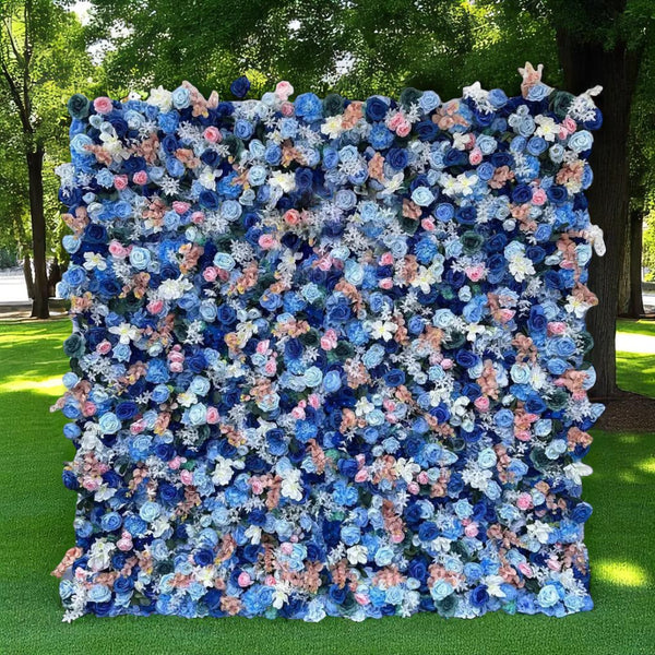 Full view of blue and blush flower wall backdrop with rich floral density