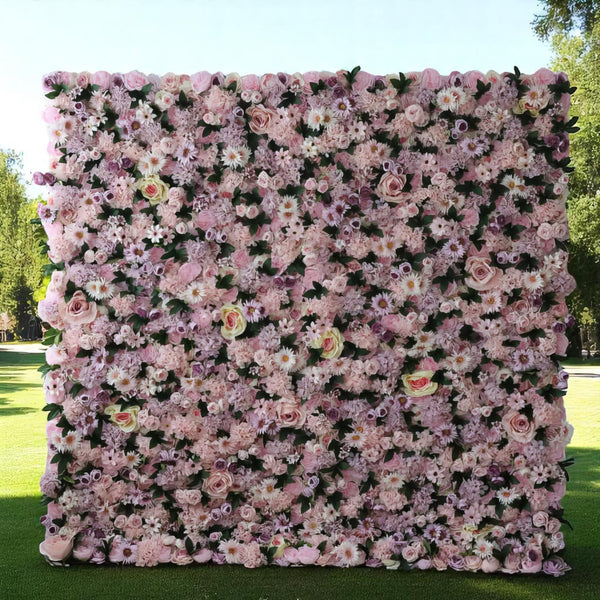 Lavender and pink flower wall backdrop for weddings and parties.
