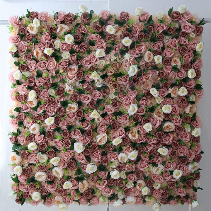 Vintage-style floral wall backdrop with dusty rose, brown, and cream roses.
