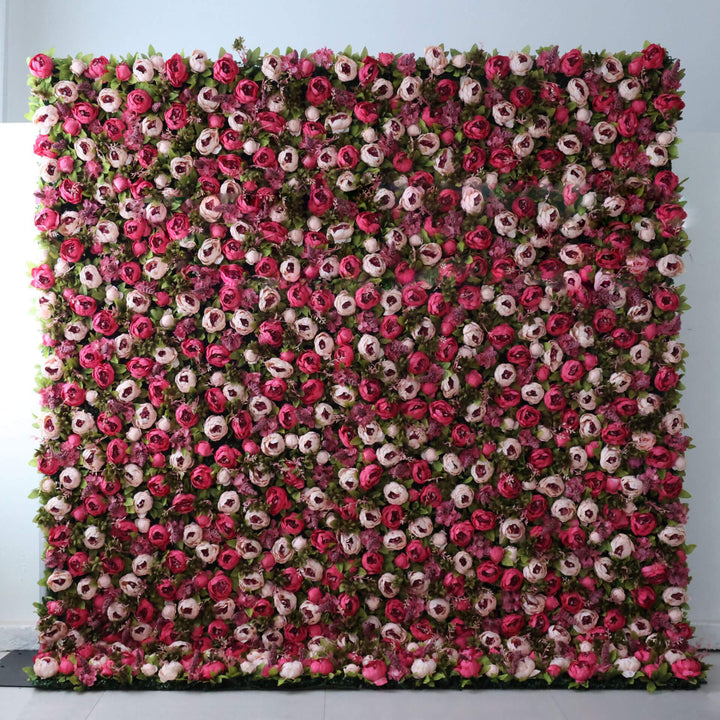 Radiant Ruby Rose flower wall backdrop with deep red and blush roses.
