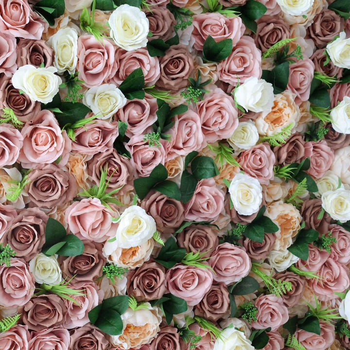 Close-up of luxurious floral wall featuring earthy tones and cream accents.
