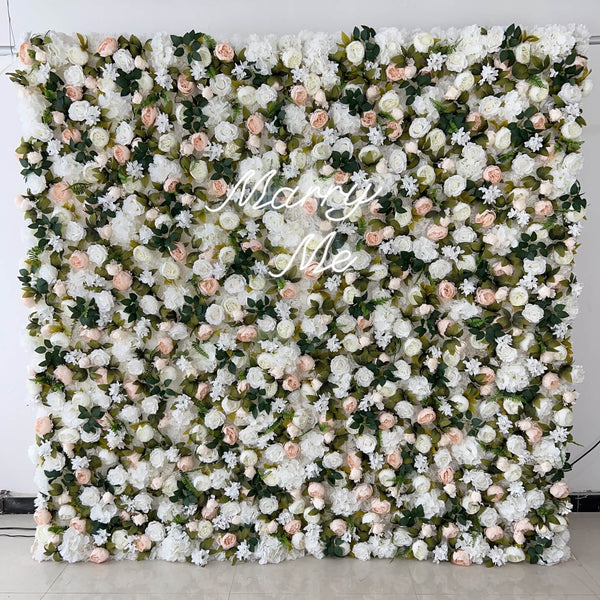 White and green floral wall backdrop with roses for weddings.
