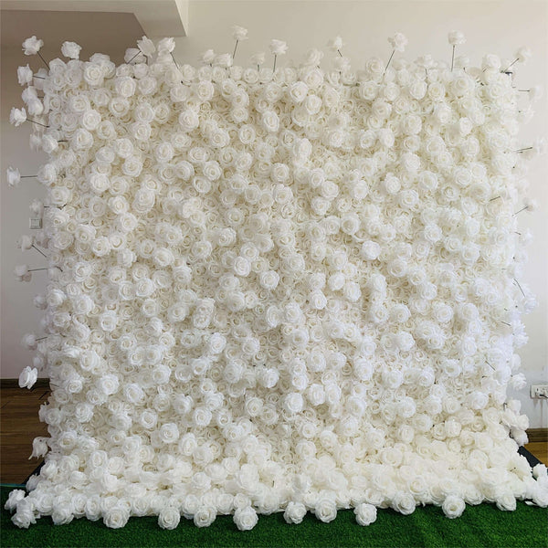 Elegant pure white rose flower wall backdrop for weddings and special events.
