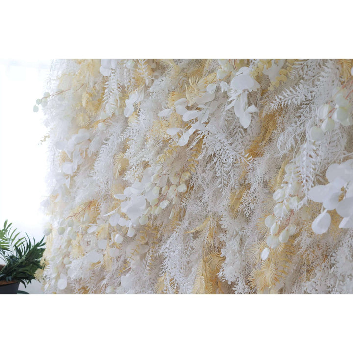Elegant flower wall backdrop with pampas grass, perfect for weddings.
