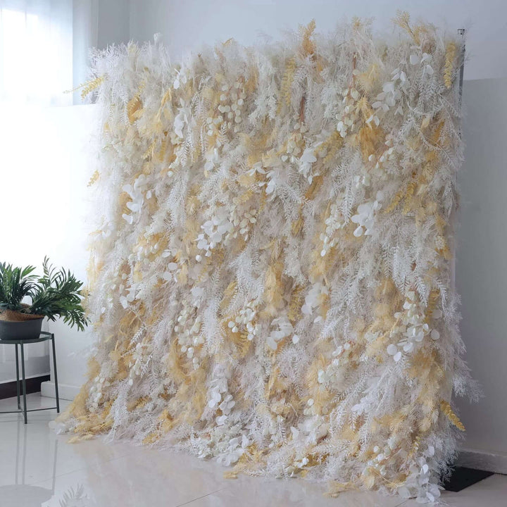 Luxurious champagne pampas floral wall backdrop for elegant events.
