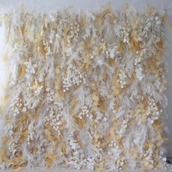 Exquisite floral wall backdrop with pampas grass, ideal for wedding decor.

