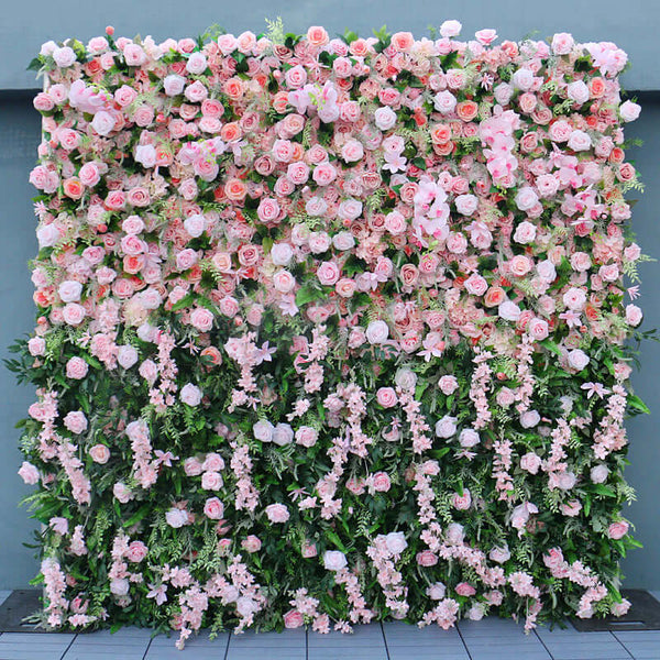 Blush pink rose and orchid floral wall backdrop for weddings and parties.
