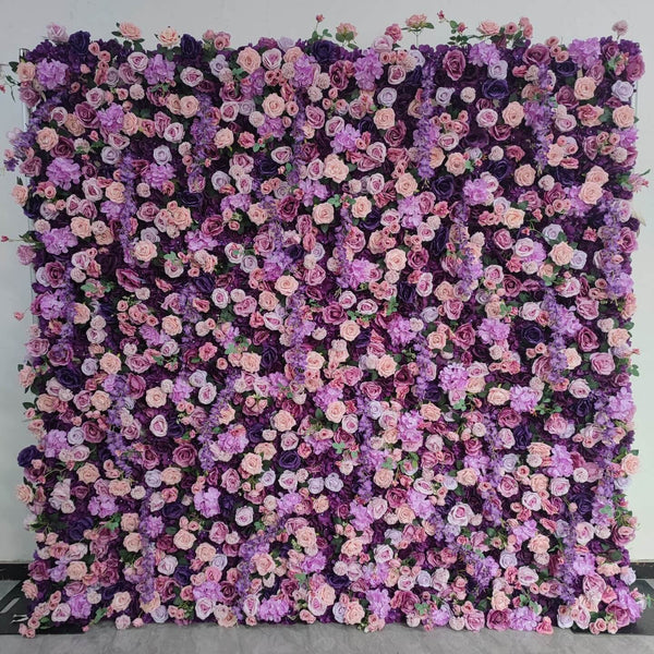 Purple Passion floral wall backdrop with violet and lavender roses.
