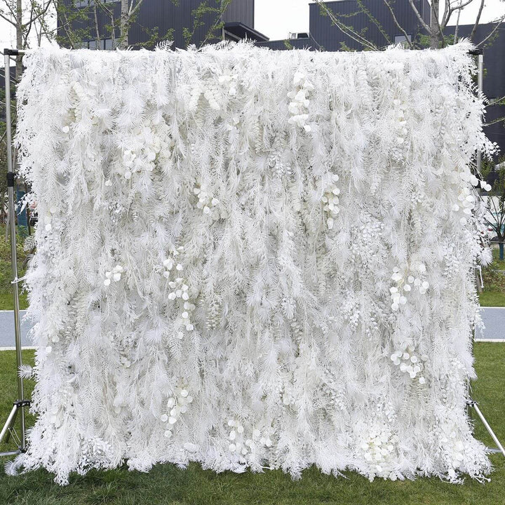 Misty white dream flower wall backdrop for weddings and elegant events.
