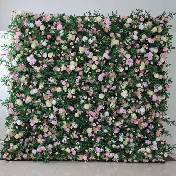 Vibrant spring garden floral wall backdrop with greenery and blooms.
