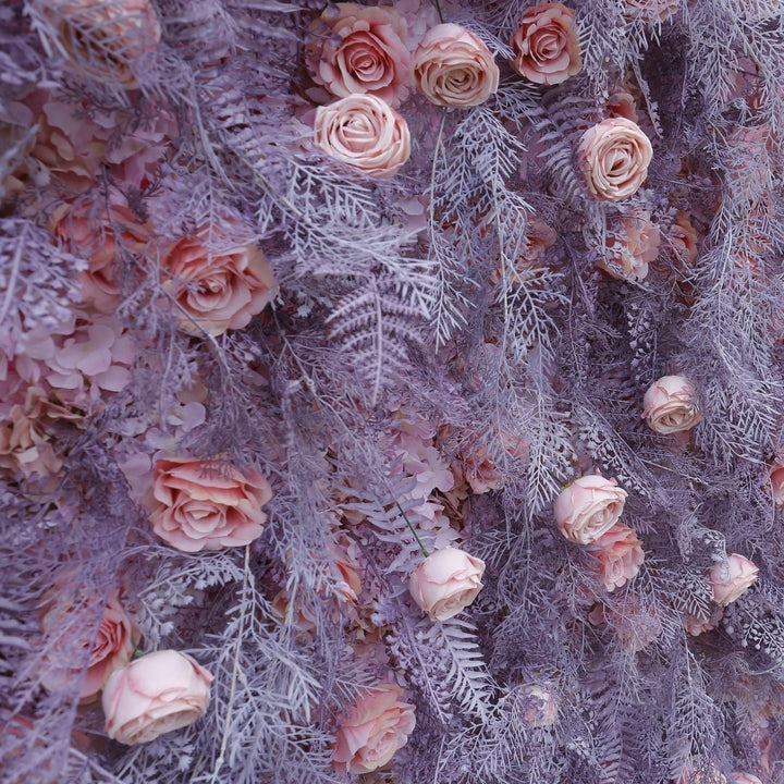 Elegant pink and lavender floral wall backdrop for weddings.
