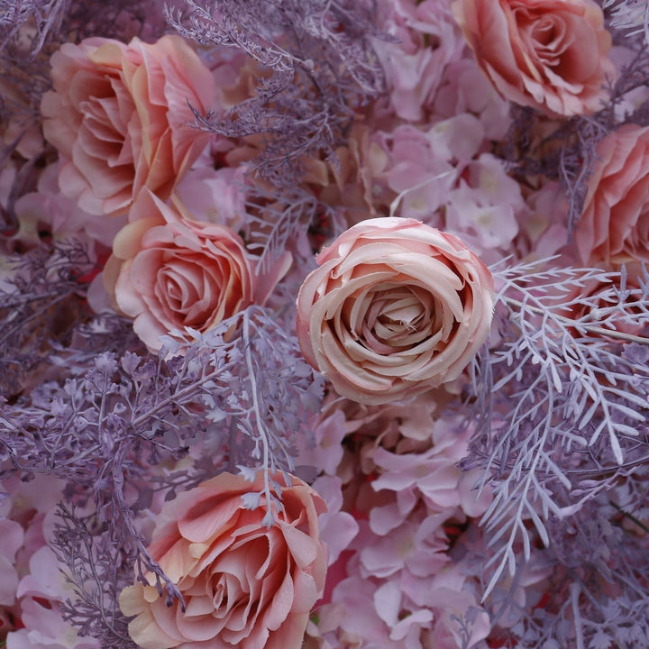 Whimsical pink rose and lavender fern backdrop perfect for romantic events.
