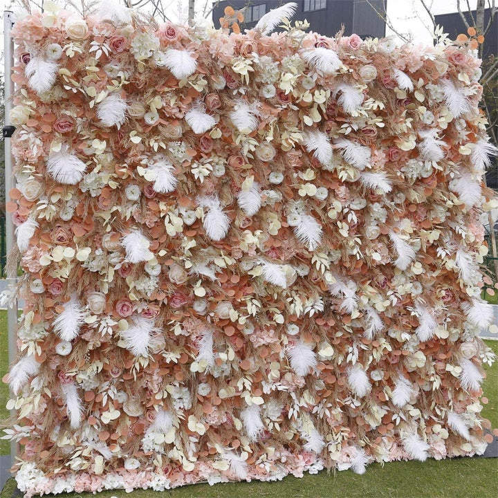 Decorative flower wall backdrop perfect for weddings and elegant events.
