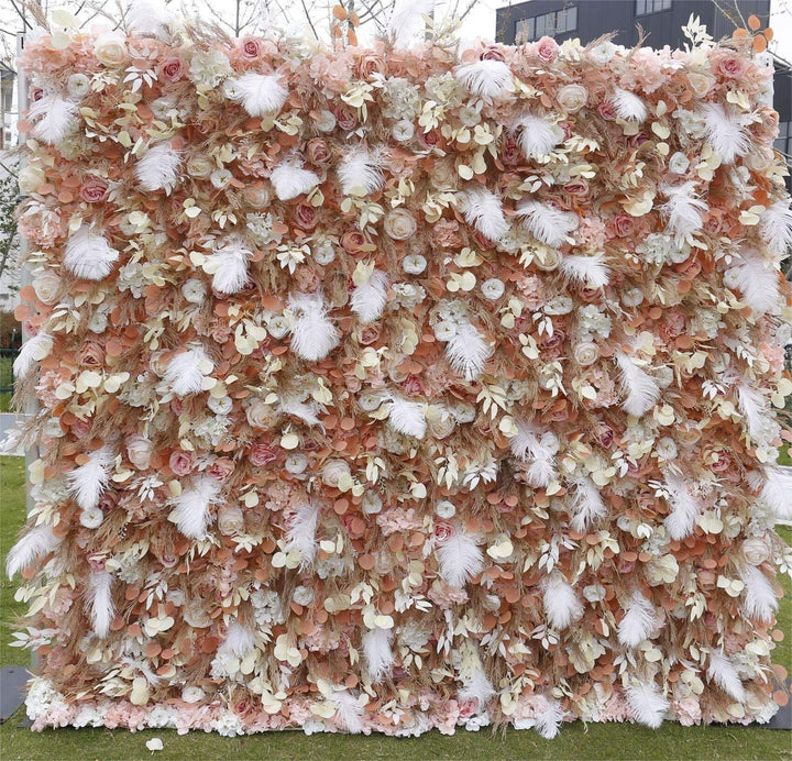 Vintage Elegance Feather Flower Wall Backdrop with blush roses and white feathers.
