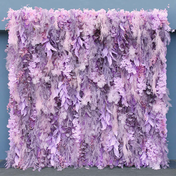 Romantic lavender flower wall backdrop for weddings and events.
