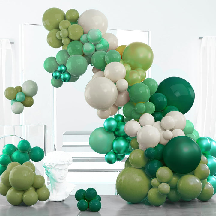 Green and cream balloon arch with metallic accents for elegant event decor
