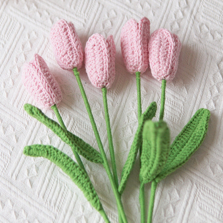 Set of 5 Cotton Yarn Crochet Finished Tulips Artificial Flower Branches