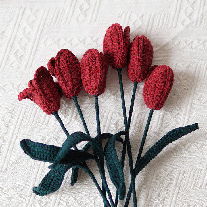 Set of 5 Cotton Yarn Crochet Finished Tulips Artificial Flower Branches