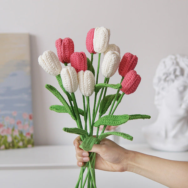 Set of 5 Cotton Yarn Crochet Finished Tulips Artificial Flower Branches