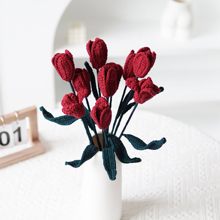 Set of 5 Cotton Yarn Crochet Finished Tulips Artificial Flower Branches