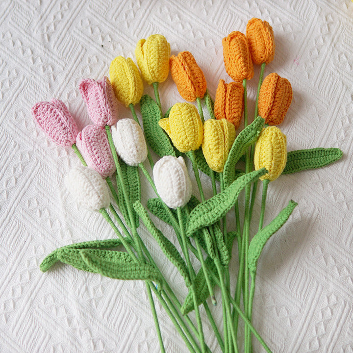 Set of 5 Cotton Yarn Crochet Finished Tulips Artificial Flower Branches