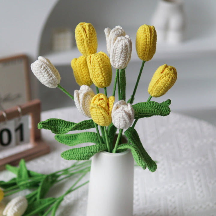 Set of 5 Cotton Yarn Crochet Finished Tulips Artificial Flower Branches