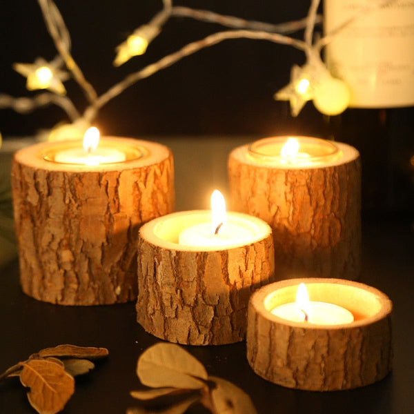 Set of 3 Rustic Wooden Candle Holder