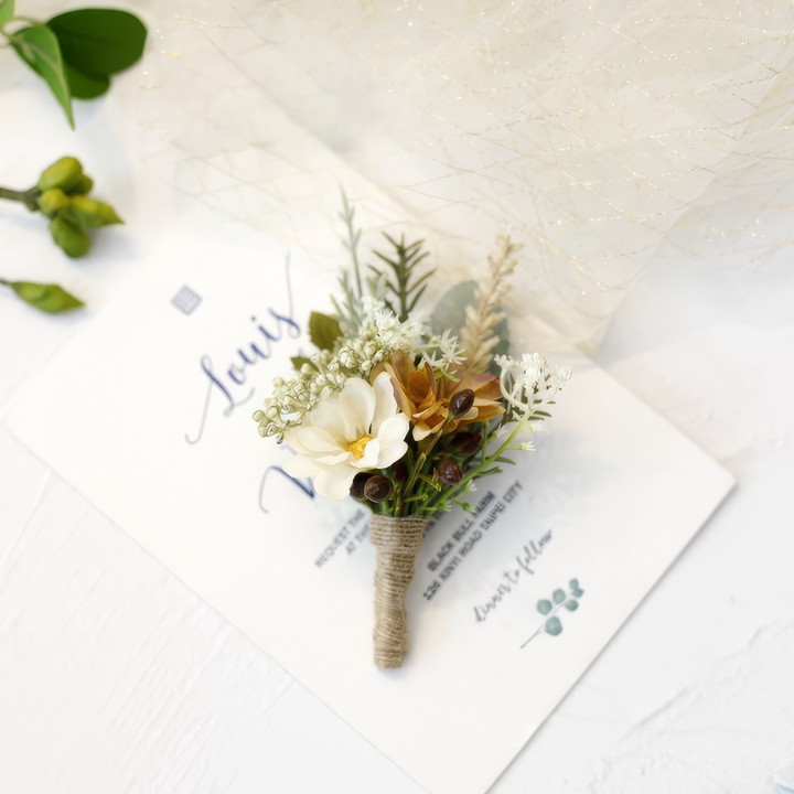 Dusty Rose And Ivory Boutonniere With Daisies & Baby's Breath