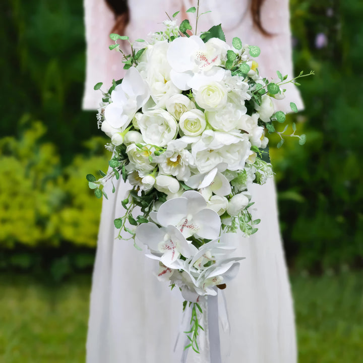 Graceful White and Green Cascade Bridal Bouquet