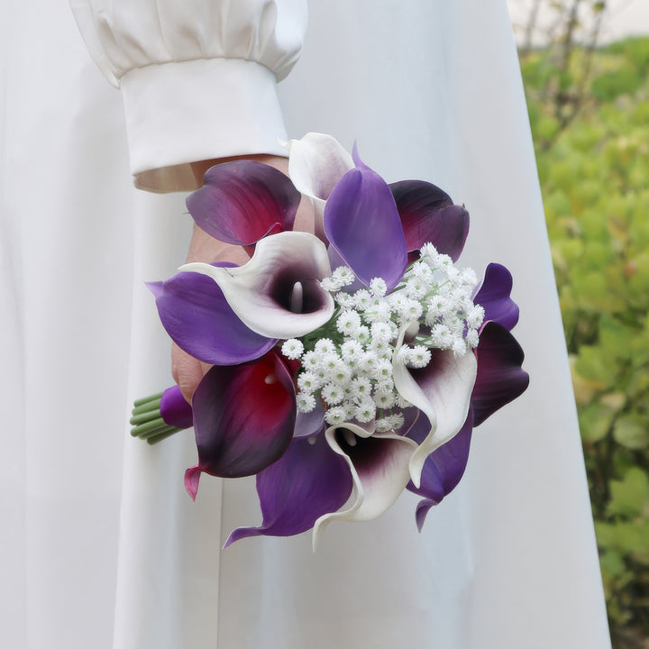 Bridal Bouquet with Calla Lilies and Baby's Breath in Purple and White