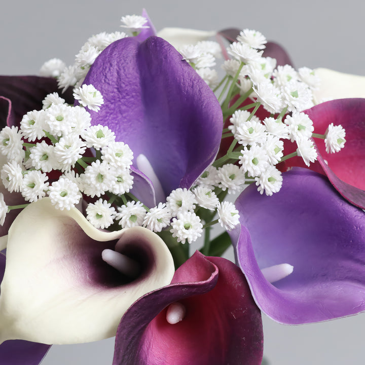 Bridal Bouquet with Calla Lilies and Baby's Breath in Purple and White