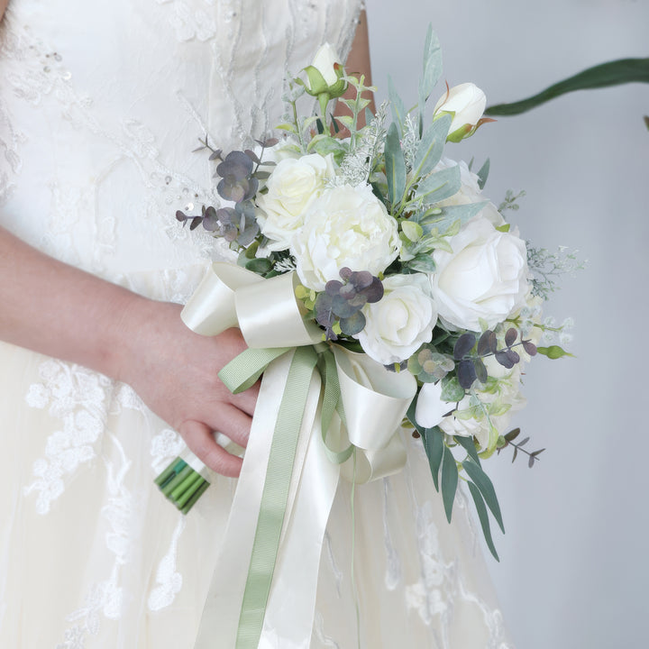 Bridal Bouquet with Roses, Peonies, and Eucalyptus in White and Green