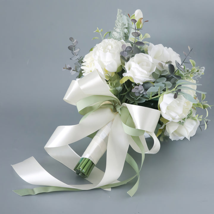 Bridal Bouquet with Roses, Peonies, and Eucalyptus in White and Green