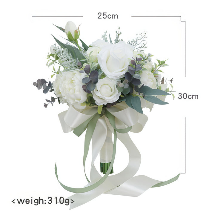 Bridal Bouquet with Roses, Peonies, and Eucalyptus in White and Green