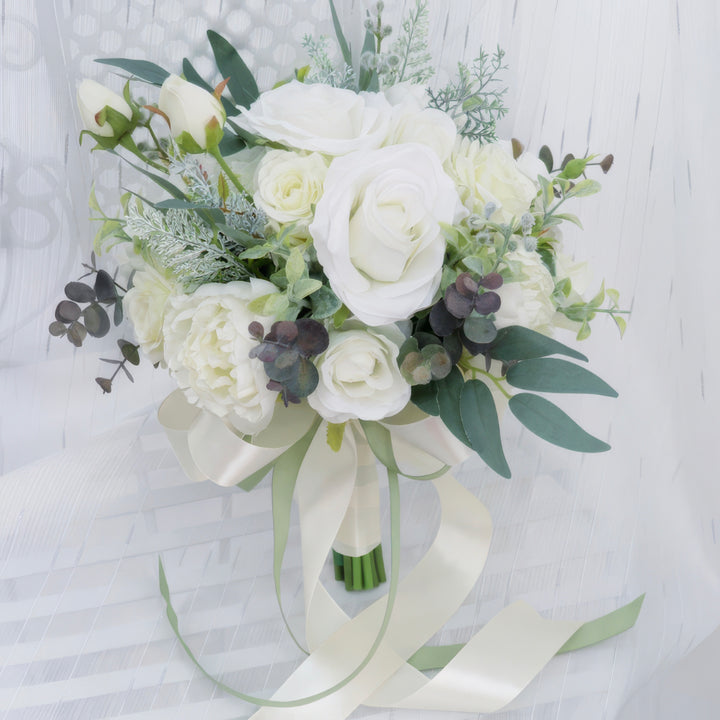 Bridal Bouquet with Roses, Peonies, and Eucalyptus in White and Green