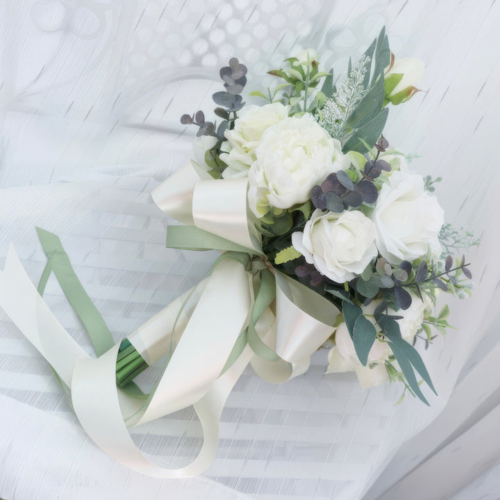 Bridal Bouquet with Roses, Peonies, and Eucalyptus in White and Green