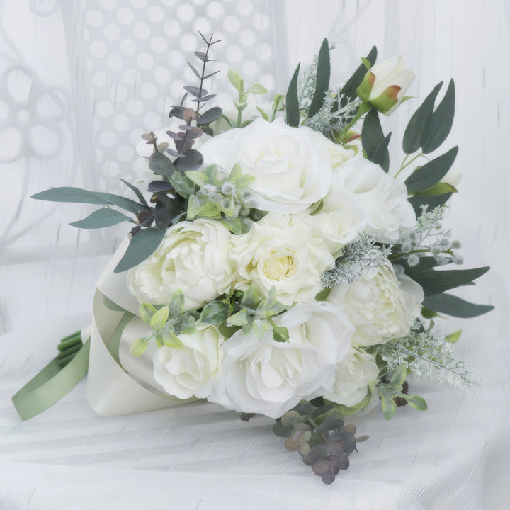 Bridal Bouquet with Roses, Peonies, and Eucalyptus in White and Green