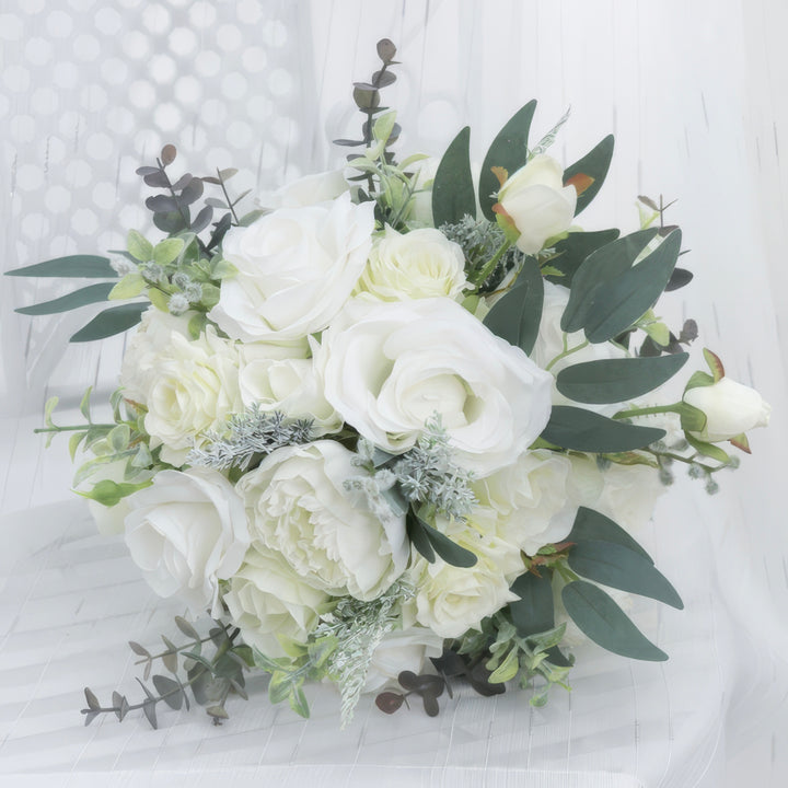 Bridal Bouquet with Roses, Peonies, and Eucalyptus in White and Green