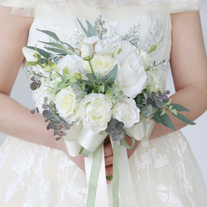 Bridal Bouquet with Roses, Peonies, and Eucalyptus in White and Green