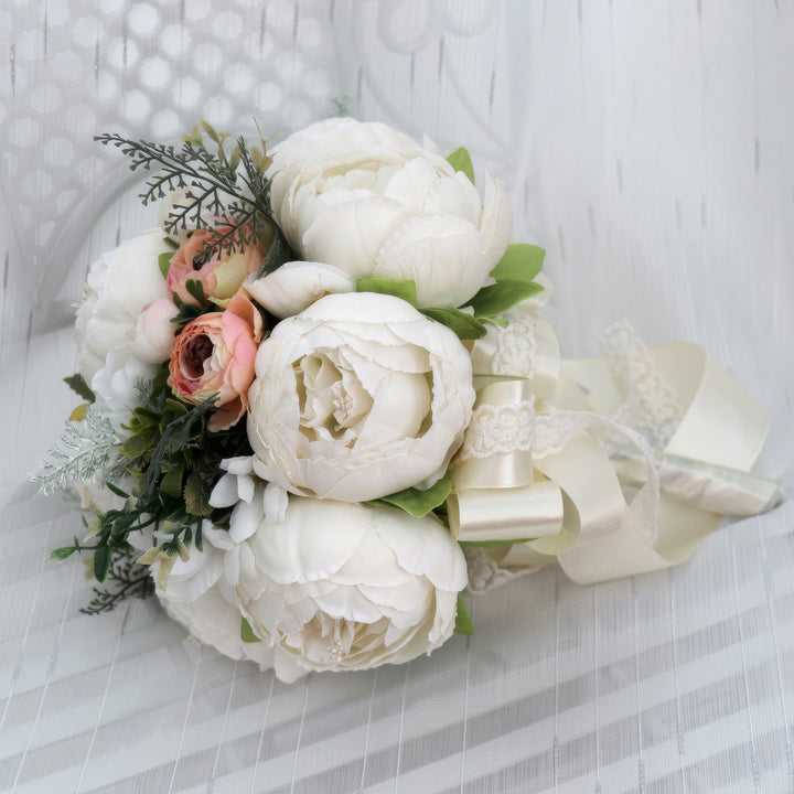 Elegant Bridal Bouquet with Peonies and Roses in Cream and Peach