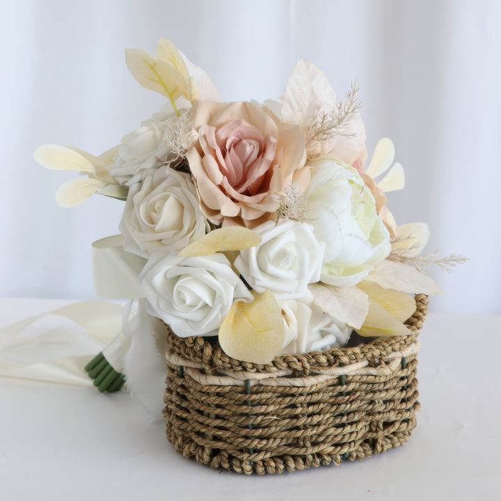 Elegant Bridal Bouquet in Basket with Dusty Rose and Ivory Blooms