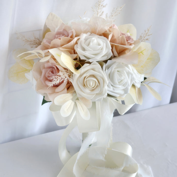 Elegant Bridal Bouquet in Basket with Dusty Rose and Ivory Blooms