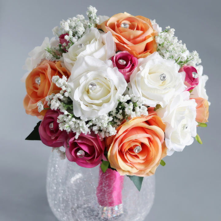 Vibrant Orange and White Rose Bridal Bouquet