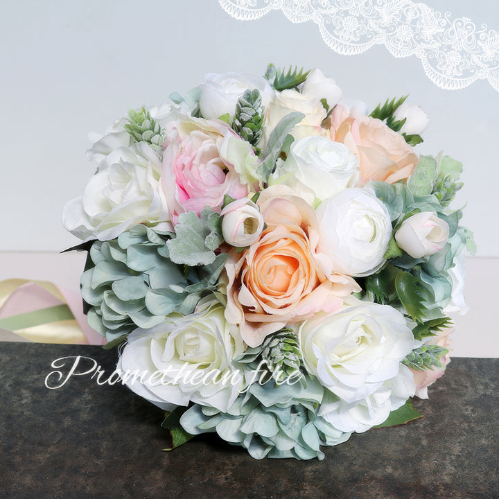 Enchanting Pastel Bridal Bouquet in Blush, Cream, and Sage Green